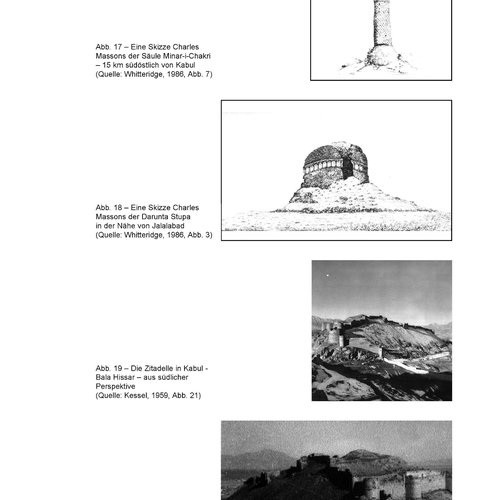  Dokument mit drei Abbildungen: Skizze der Säule Minar-Chakri, Skizze der Darunta Stupa und Foto der Zitadelle Bala Hissar in Kabul aus südlicher Perspektive.