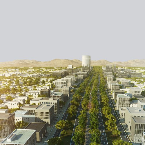  Eine digitale Stadtlandschaft mit modernen Gebäuden, einer breiten Allee mit Bäumen und einem markanten Turm im Hintergrund.